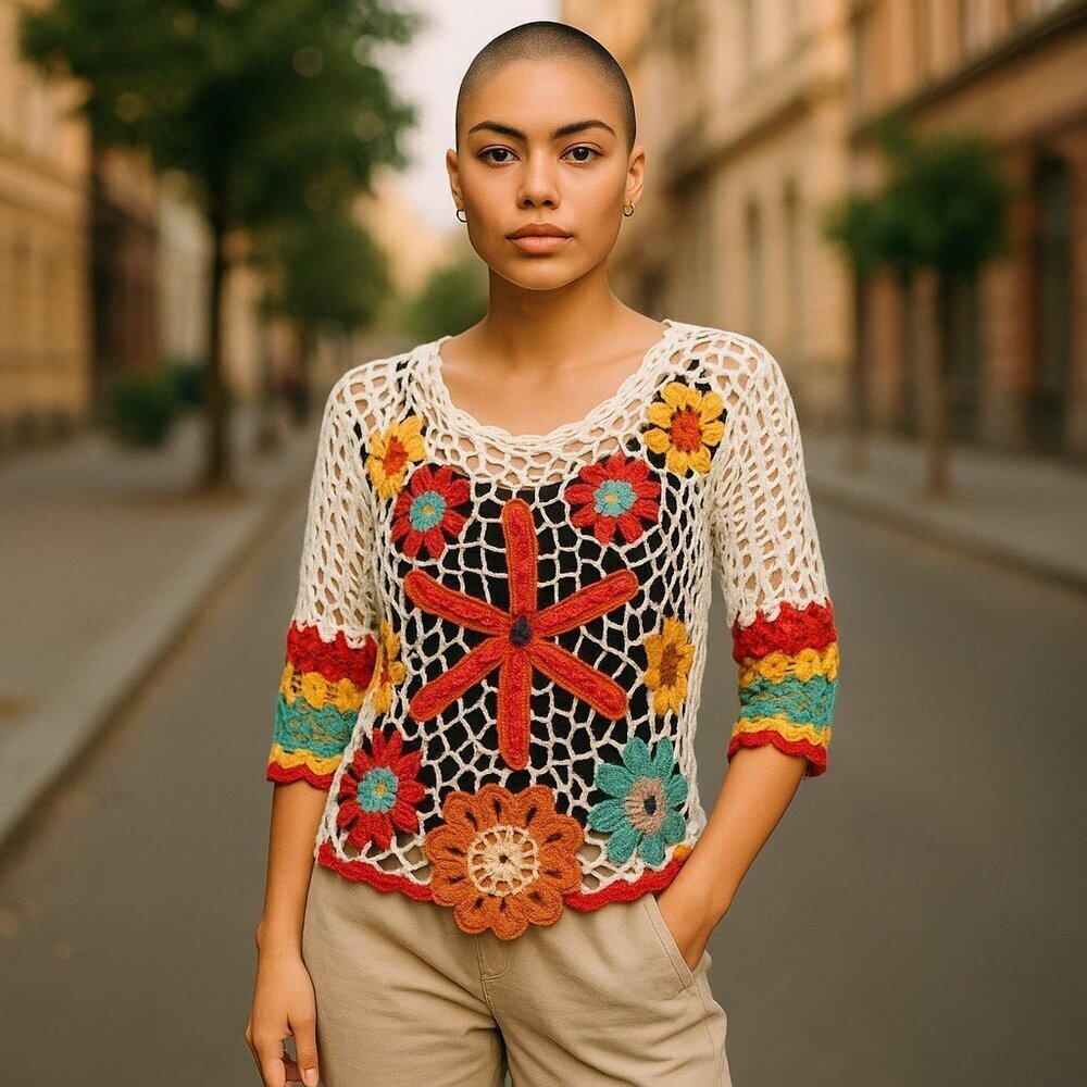 Textile Artist Crochet Floral Top Size M